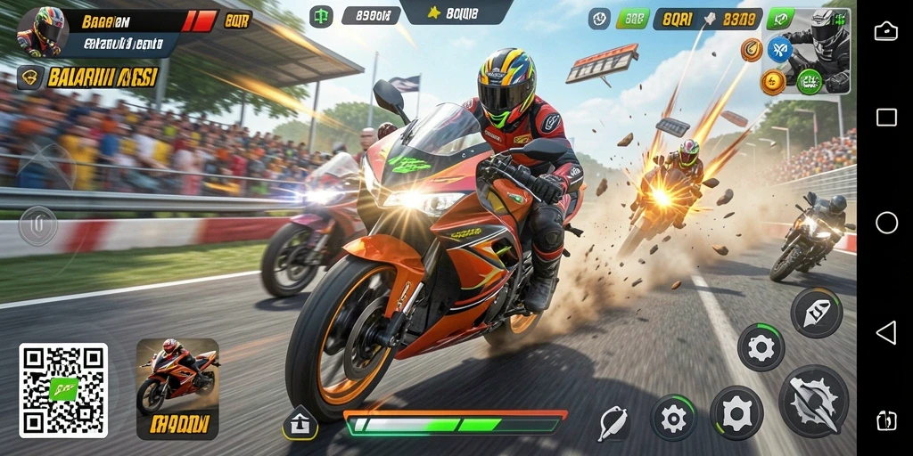Tampilan gameplay mendebarkan dari balapan motor di 8QR.